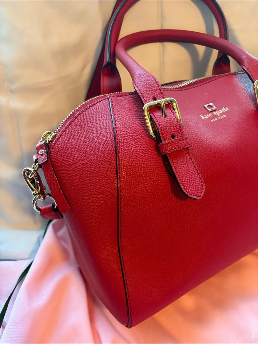 Kate Spade Red Saffiano Leather Satchel Crossbody Bag + Dust Bag